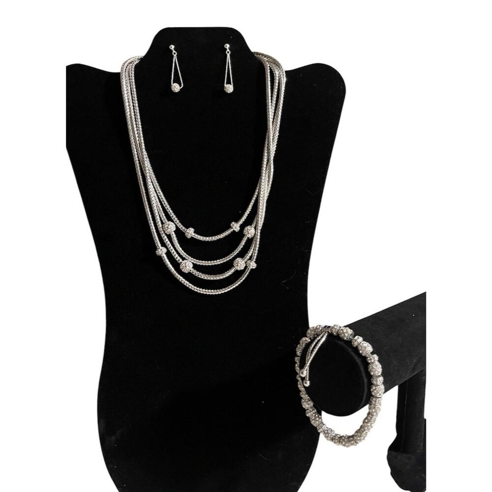 Silver Crystal Multi Strand Necklace Bracelet Earning Formal Bridal Prom Set